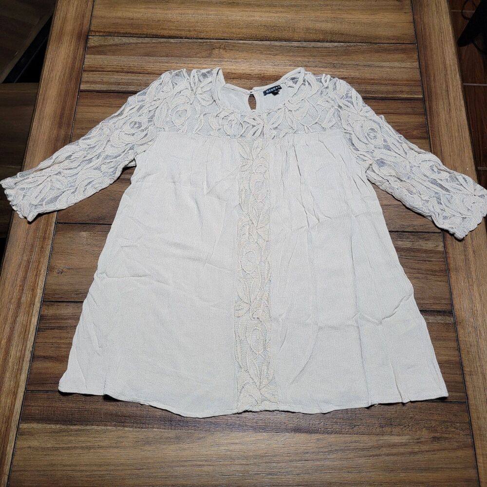 Hannah Blouse Light Tan Lace 3 Quarter Sleeve - Size Medium